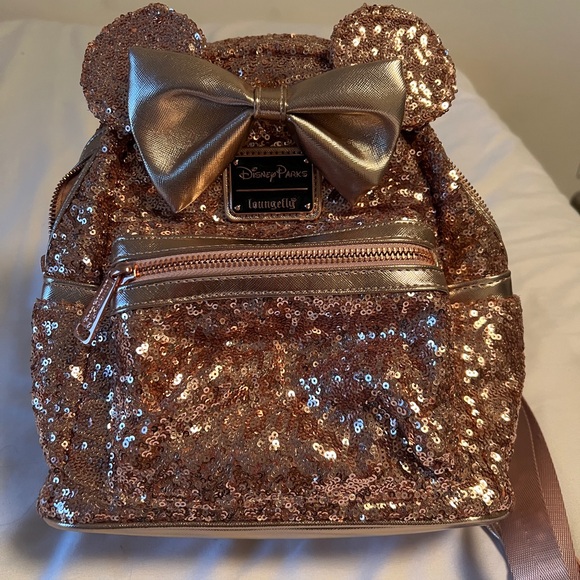 disney rose gold mini backpack Parks Exclusive - LoungefIy Disney Parks Loungefly Sequined Minnie